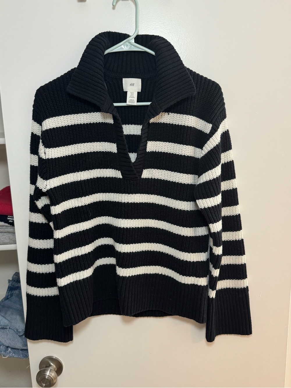 H&M Black and White Striped Collared Knit Sweater